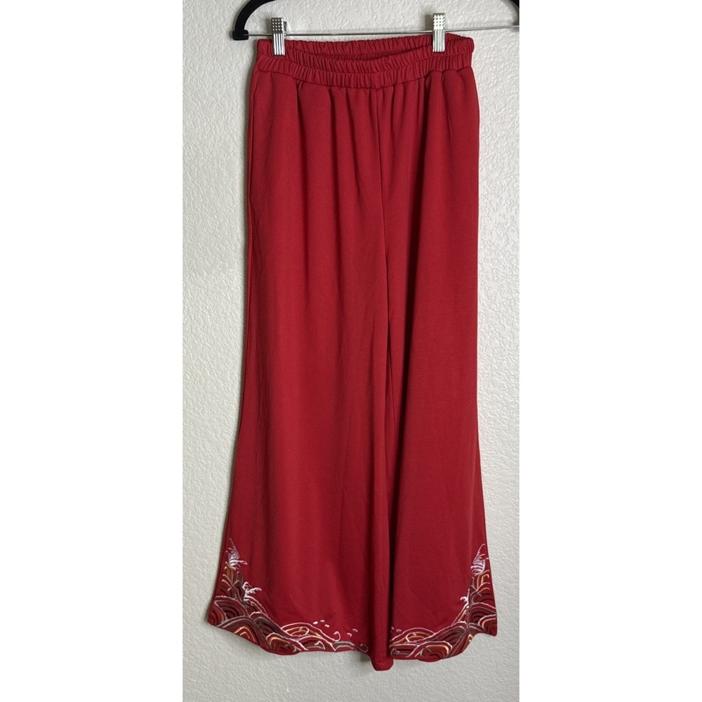 Womens‎ XS Red Knit Wide Flare Leg Pants Embroidered Hem Pocket Asian Style Boho